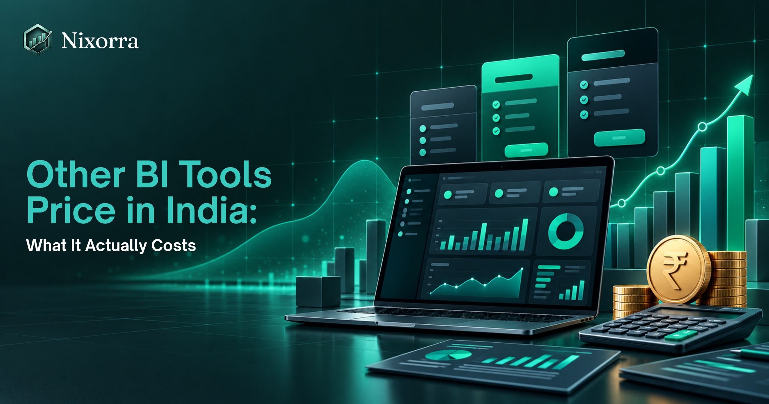 Other BI Tools Price in India: What It Actually Costs — a laptop showing a BI dashboard next to rupee coins and a calculator